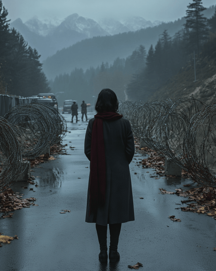 A person standing with their back to the camera, wearing a dark coat and a red scarf, in a desolate landscape bordered by barbed wire, with mountains in the background under a gloomy sky.